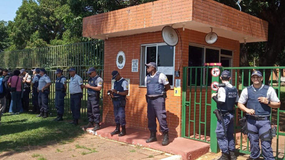 Militarized police patrols the surroundings of the Venezuelan embassy in Brasilia, Brazil, on November 13, 2019, while loyalists to President Nicolas Maduro and to Venezuelan opposition leader Juan Guaido face off inside the country's embassy. - Embassy officials opened the doors to Guaido's appointed ambassador Teresa Belandria after recognizing the opposition leader as president, the envoy said in a statement. (Photo by JORDI MIRO / AFP) (Photo by JORDI MIRO/AFP via Getty Images)