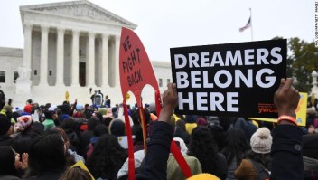 Immigration rights activists take part in a rally in front of the US Supreme Court in Washington, DC on November 12, 2019. - The US Supreme Court hears arguments on November 12, 2019 on the fate of the "Dreamers," an estimated 700,000 people brought to the country illegally as children but allowed to stay and work under a program created by former president Barack Obama.Known as Deferred Action for Childhood Arrivals or DACA, the program came under attack from President Donald Trump who wants it terminated, and expired last year after the Congress failed to come up with a replacement. (Photo by Saul LOEB / AFP) (Photo by SAUL LOEB/AFP via Getty Images)