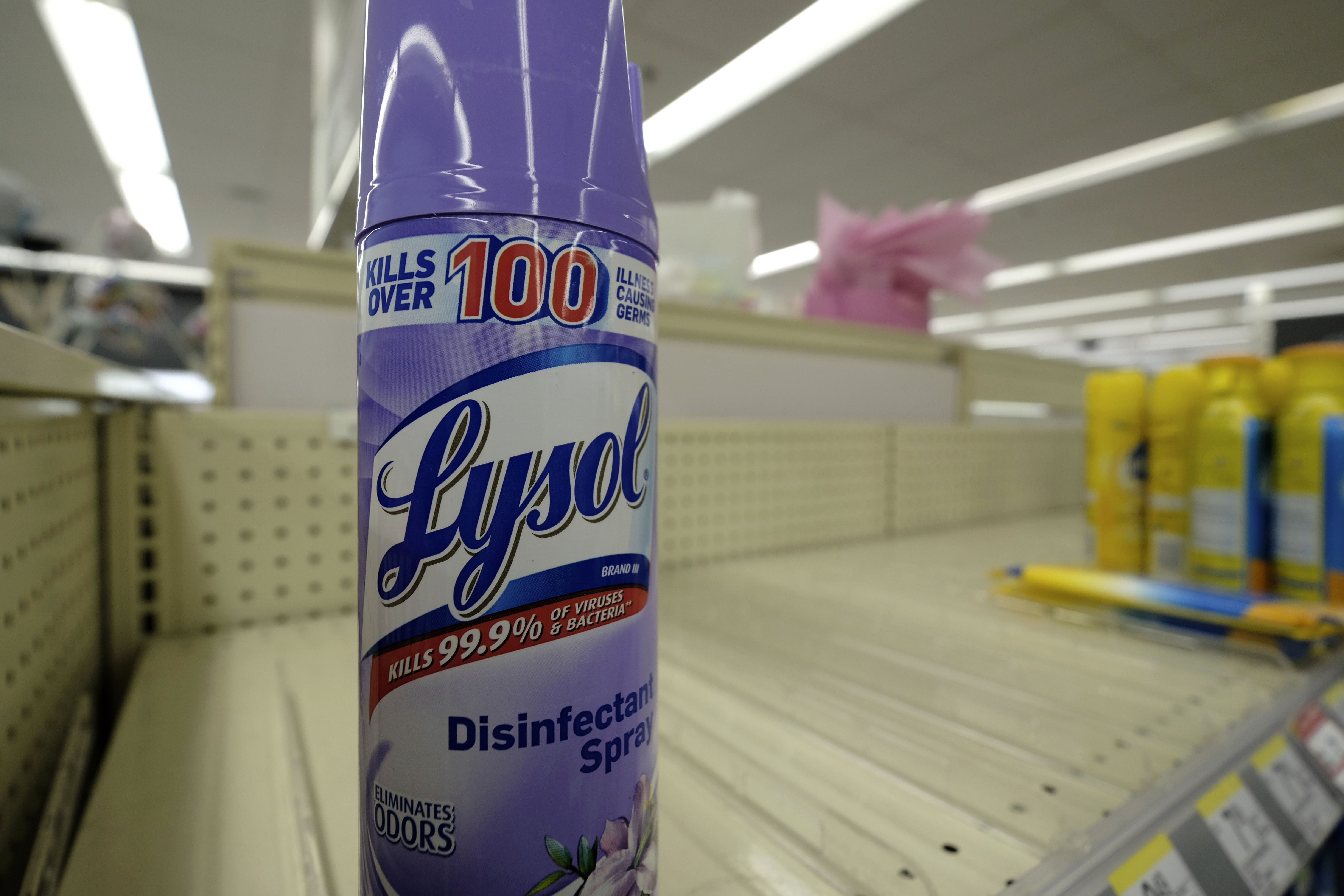 A single can of Lysol disinfectant spray remains on the shelf of a Walgreens in Portland, Ore., on March 2, 2020. There are currently three presumptive cases of the novel coronavirus (COVID-19) in the state, and people have been buying up supplies across the city. (Photo by Alex Milan Tracy/Sipa USA)(Sipa via AP Images)