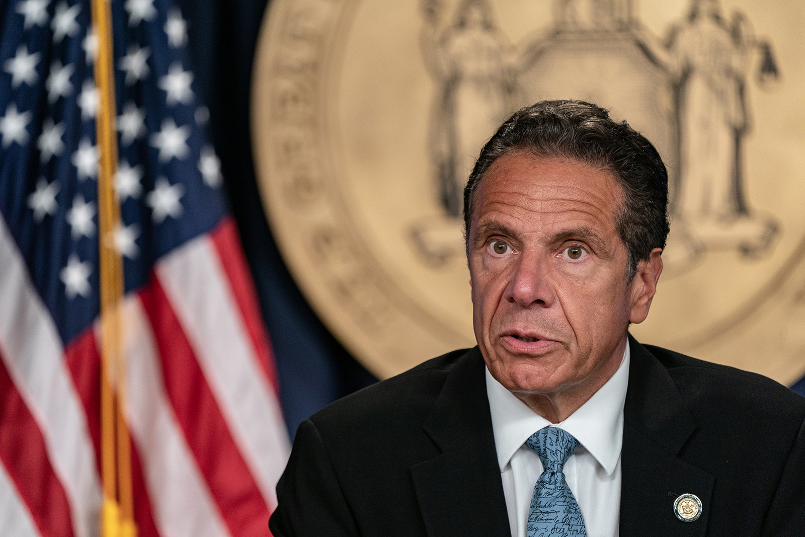 NEW YORK, NY - JULY 23: New York Gov. Andrew Cuomo speaks during the daily media briefing at the Office of the Governor of the State of New York on July 23, 2020 in New York City. The Governor said the state liquor authority has suspended 27 bar and restaurant alcohol licenses for violations of social distancing rules as public officials try to keep the coronavirus outbreak under control. (Photo by Jeenah Moon/Getty Images)