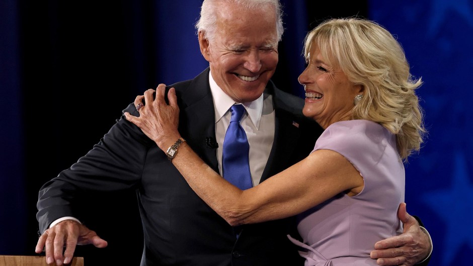 WILMINGTON, DELAWARE - AUGUST 20: : Democratic presidential nominee Joe Biden greets his wife Dr. Jill Biden on the fourth night of the Democratic National Convention from the Chase Center on August 20, 2020 in Wilmington, Delaware. The convention, which was once expected to draw 50,000 people to Milwaukee, Wisconsin, is now taking place virtually due to the coronavirus pandemic. (Photo by Win McNamee/Getty Images)