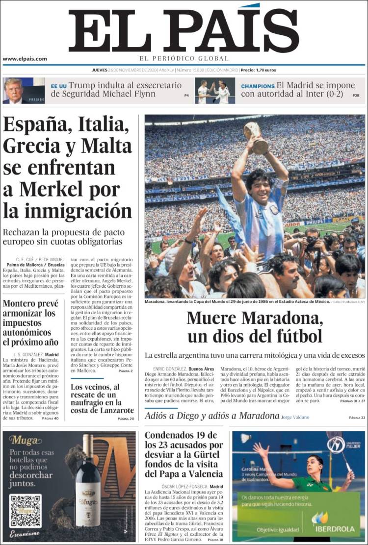 La muerte de Maradona en las portadas de los diarios del mundo