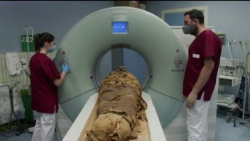 Mira a una momia egipcia ser escaneada en una tomografía