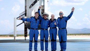 VAN HORN, TEXAS - JULY 20: Blue Origin’s New Shepard crew (L-R) Oliver Daemen, Jeff Bezos, Wally Funk, and Mark Bezos pose for a picture after flying into space in the Blue Origin New Shepard on July 20, 2021 in Van Horn, Texas. Mr. Bezos and the crew that flew with him were the first human spaceflight for the company. (Photo by Joe Raedle/Getty Images)