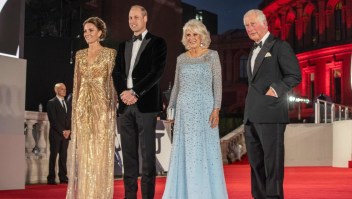 Britain's Prince William, Duke of Cambridge (2L) and Britain's Catherine, Duchess of Cambridge (L) stand with Britain's Prince Charles, Prince of Wales (R) and Britain's Camilla, Duchess of Cornwall as they arrive for the World Premiere of the James Bond 007 film "No Time to Die" at the Royal Albert Hall in west London on September 28, 2021. - Celebrities and royals walk the red carpet in central London on Tuesday for the star-studded but much-delayed world premiere of the latest James Bond film, "No Time To Die". (Photo by Jack Hill / POOL / AFP) (Photo by JACK HILL/POOL/AFP via Getty Images)