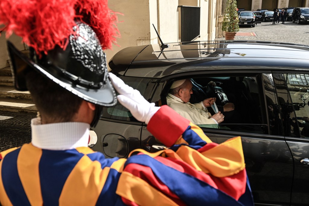 Pope Francis leaves in a car following a private audience with US President Joe Biden in The Vatican on October 29, 2021, ahead of an upcoming G20 summit of world leaders to discuss climate change, covid-19 and the post-pandemic global recovery. (Photo by Brendan SMIALOWSKI / AFP) (Photo by BRENDAN SMIALOWSKI/AFP via Getty Images)