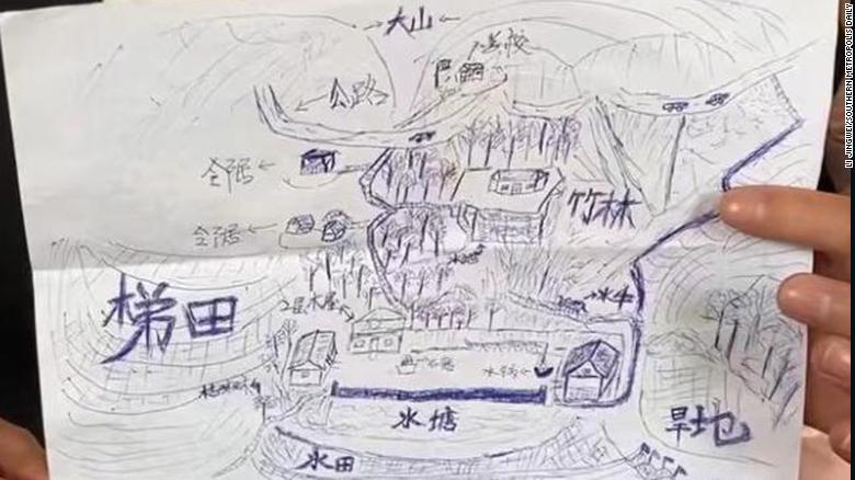 Li Jingwei usó este mapa hecho de memoria para ubicar a sus padres biológicos en China.