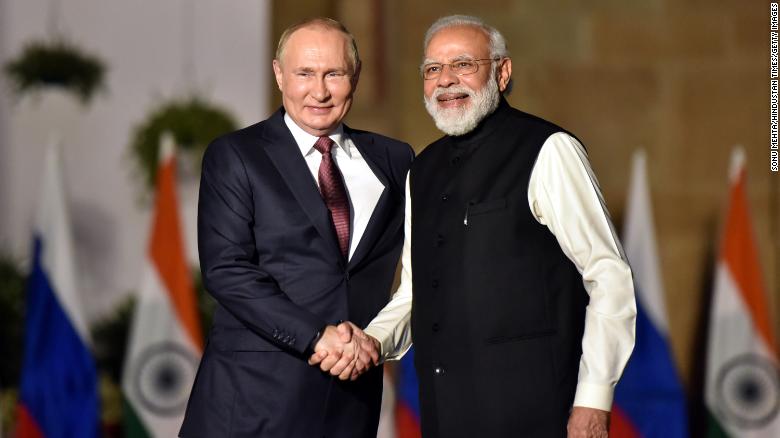 Russian President Vladimir Putin meets with Indian Prime Minister Narendra Modi at the Hyderabad House in New Delhi on December 6, 2021.