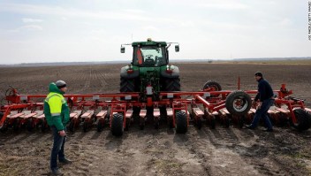 Agricultores de Ucrania plantan semillas de remolacha azucarera el 26 de marzo, en Humnyska.