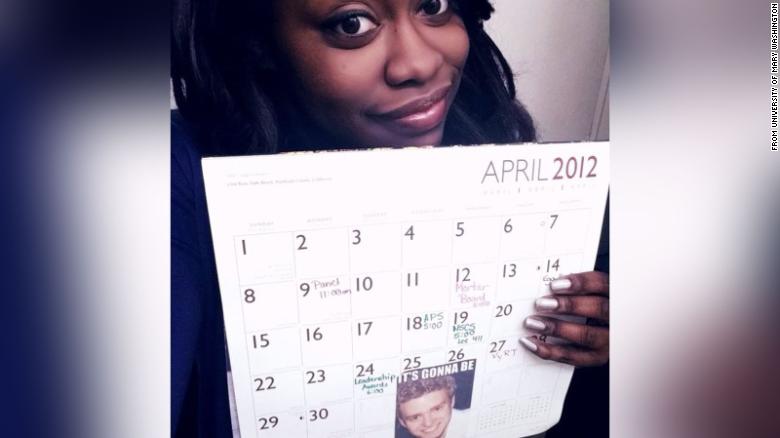 Kianna Davis shows May calendar with meme