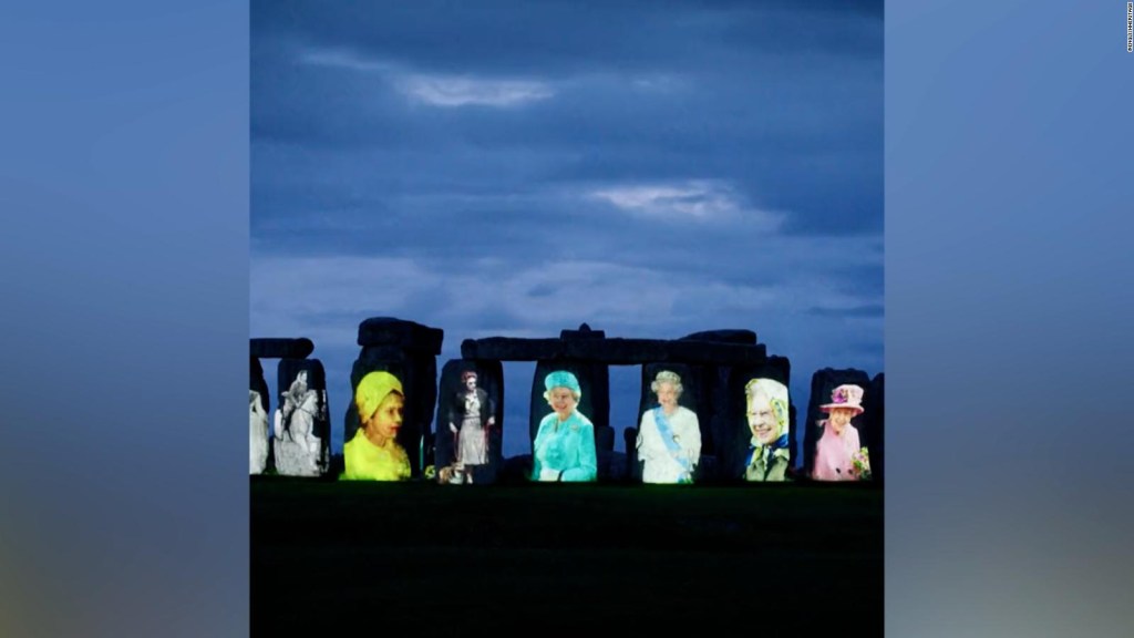 Stonehenge decorated with portraits of Queen Elizabeth II