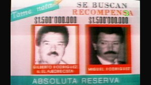 BOGOTA, COLOMBIA - MAY 4: This photograph taken from a Colombian television broadcast, 04 May, shows a "Most Wanted" announcement offering 1.5 million USD each for information leading to the capture of the leaders of the Cali cocaine cartel Gilberto Rodriguez Orejuela (L) and his brother Miguel Angel Rodriguez Orejuela. This is the first time photos of the two leaders have been shown in public. (Photo credit should read AFP/AFP via Getty Images)