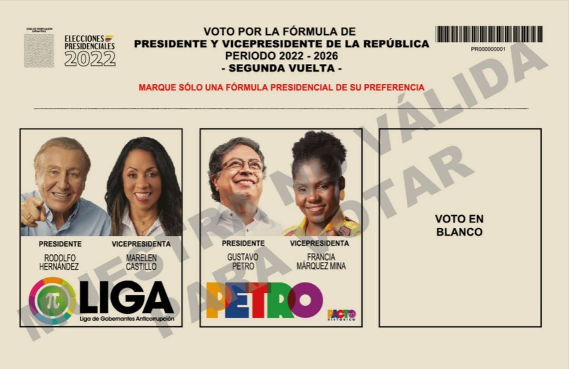 Así es el tarjetón para la segunda vuelta de las elecciones en Colombia