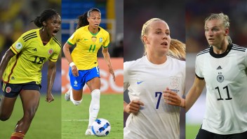 De izquierda a derecha, Linda Caicedo, Adriana, Beth Mead y Alexandra Popp, cuatro de las mejores futbolistas de las finales de la Copa América y la Eurocopa femeninas 2022. (Imagen: elaborada con fotos de Getty Images)