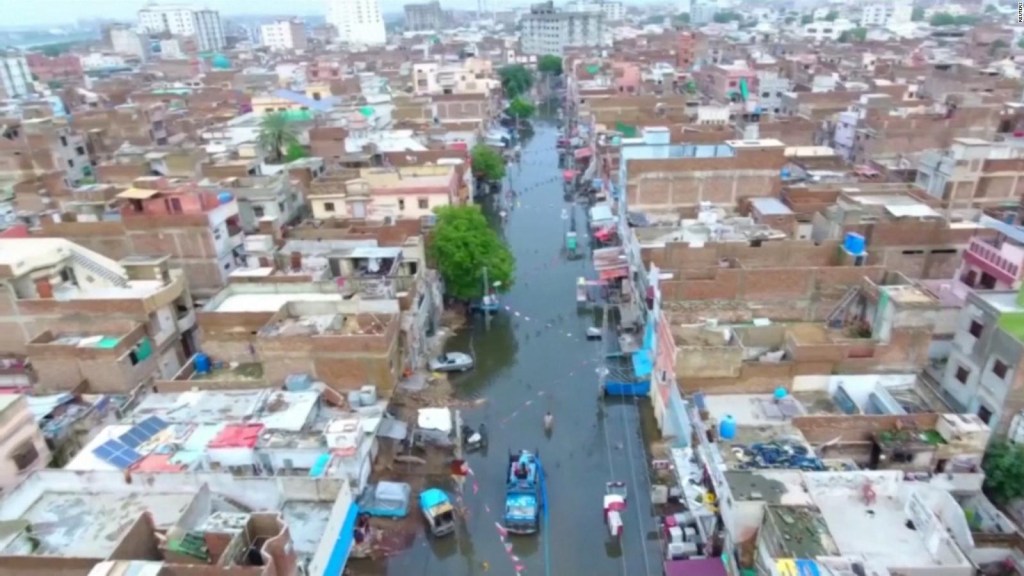 Drone footage shows a Pakistani city covered in water