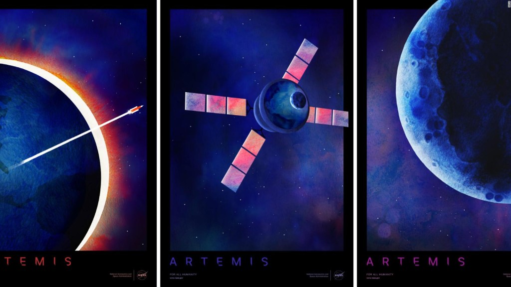 Nuevos carteles de la NASA muestran diferentes etapas del viaje de Artemis I.