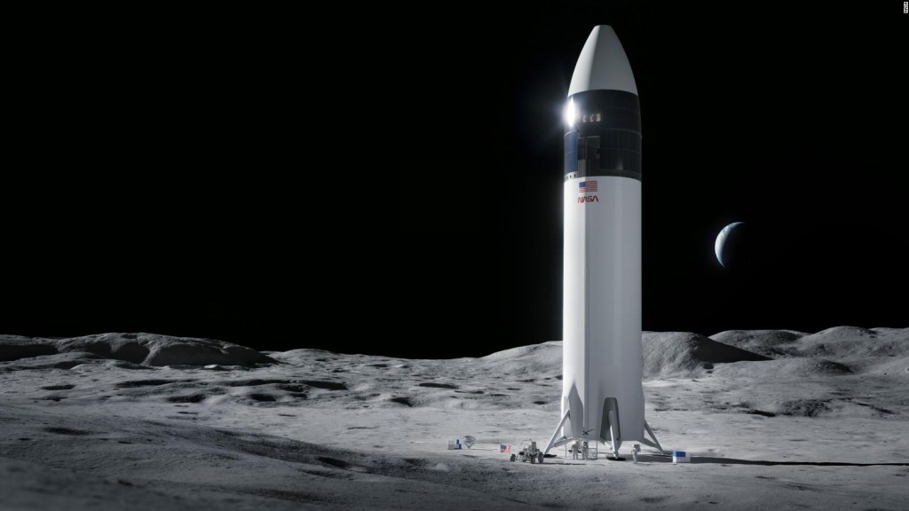 Esta ilustración muestra el diseño de la nave Starship, de SpaceX, que llevará a los primeros astronautas de la NASA a la superficie de la Luna a través del programa Artemis.