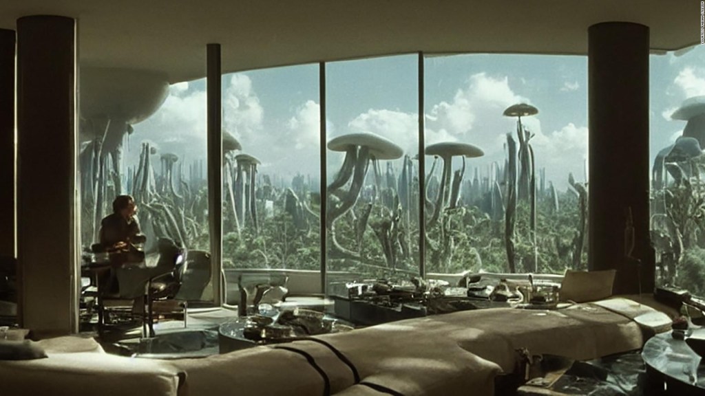 Esta imagen, que forma parte de la serie de cortometrajes "Salt" de Fabian Stelzer, fue creada a través de Stable Diffusion con la frase "un apartamento de lujo con grandes ventanales con vistas a un exuberante paisaje de selva de hongos, fotograma de película de ciencia ficción de la década de 1980, captura de pantalla de una película".