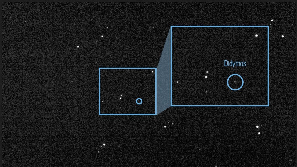 Luce dell'asteroide Didymos e della sua talpa Dimorphos in un composito di 243 immagini scattate da DRACO il 27 luglio.