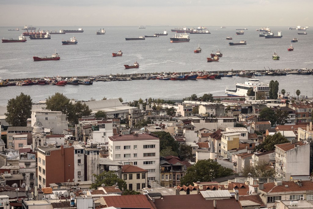 Barcos, incluidos los que transportan granos desde Ucrania, esperan las inspecciones frente a la costa de Estambul, Turquía, el 14 de octubre.