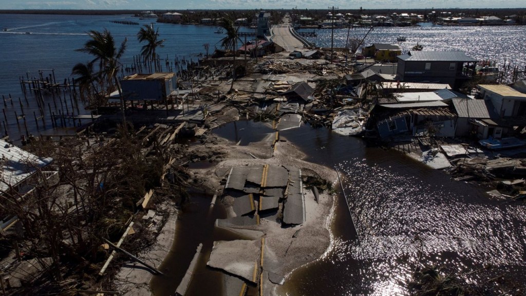 An image of the destroyed road between Matlacha and Pine Island in Florida after Hurricane Ian.