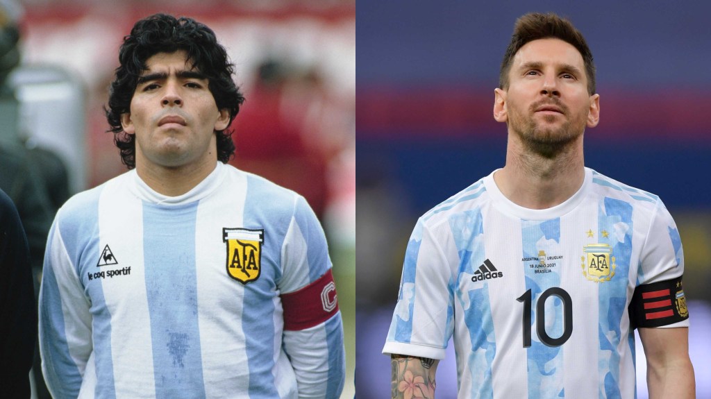 On the left, Diego Maradona in a World Cup qualifying match in 1985;  on the left, Lionel Messi in a group match of the Copa América 2021.