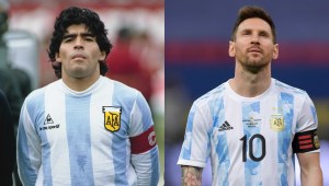 A la izquierda, Diego Maradona en partido clasificatorio al Mundial en 1985; a la izquierda, Lionel Messi en partido de grupos de la Copa América 2021.