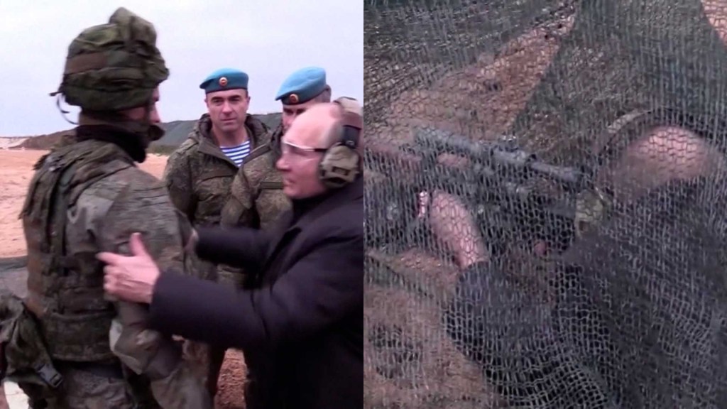 Putin fires a rifle in a training camp