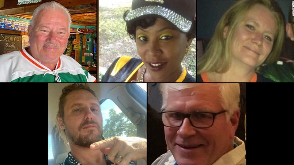 De izquierda a derecha, algunas de las más de 100 víctimas del huracán Ian: Mitch Pacyna, Nishelle Harris-Miles, Elizabeth McGuire, Mike Verdream y Craig Markgraff Jr.