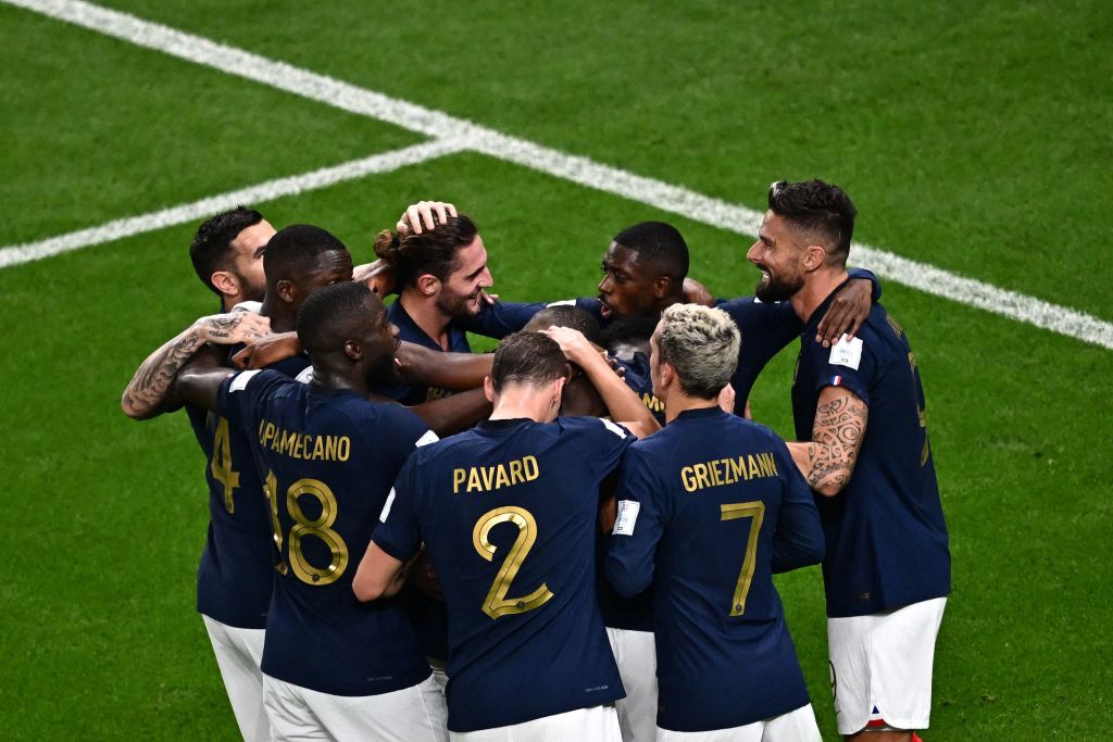Giroud celebrates France's second goal against Australia.  (Photo: ANNE-CHRISTINE POUJOULAT/AFP via Getty Images)