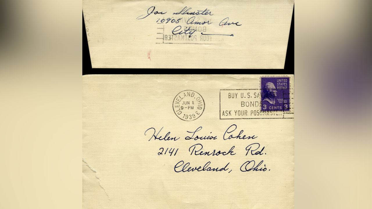 Sobre de una carta perdida de Joe Shuster a Helen Cohen, con estampilla del 1ero de junio de 1939.