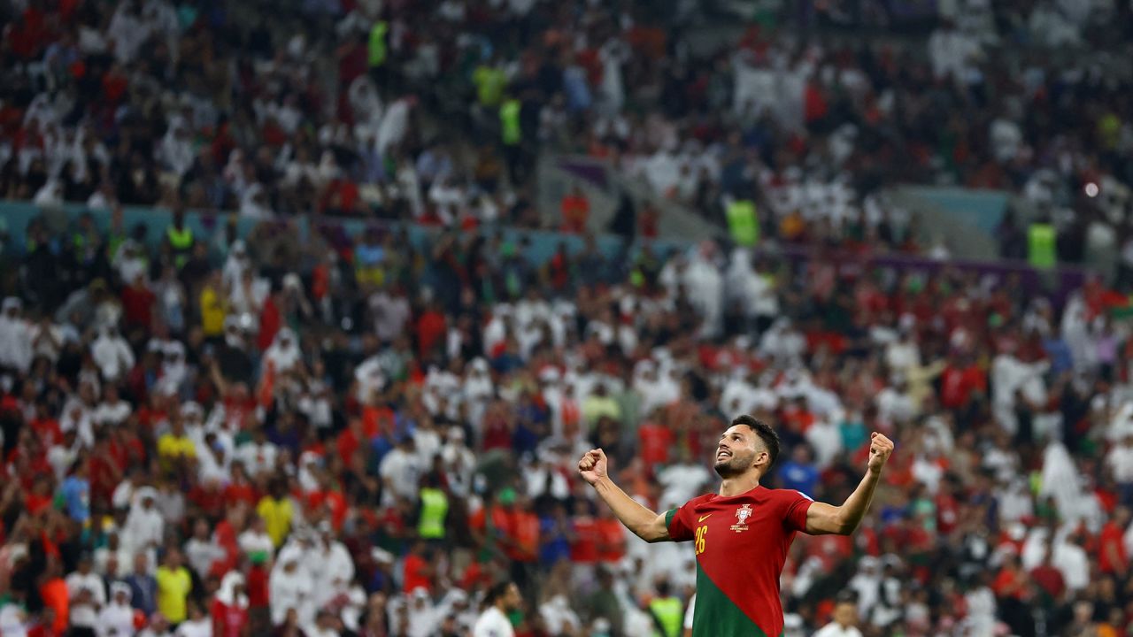 Gonçalo Ramos celebrates Portugal's fifth goal against Switzerland.