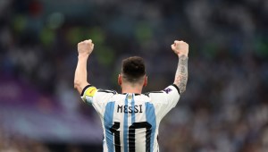 LUSAIL CITY, QATAR - DECEMBER 13: Lionel Messi of Argentina celebrates scoring the first goal from the penalty spot during the FIFA World Cup Qatar 2022 semi final match between Argentina and Croatia at Lusail Stadium on December 13, 2022 in Lusail City, Qatar. (Photo by Richard Heathcote/Getty Images)