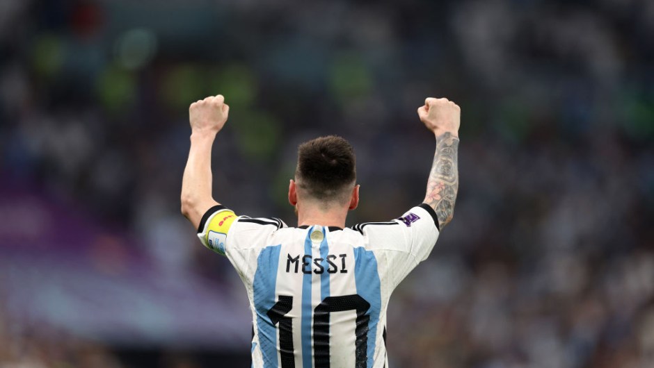 LUSAIL CITY, QATAR - DECEMBER 13: Lionel Messi of Argentina celebrates scoring the first goal from the penalty spot during the FIFA World Cup Qatar 2022 semi final match between Argentina and Croatia at Lusail Stadium on December 13, 2022 in Lusail City, Qatar. (Photo by Richard Heathcote/Getty Images)