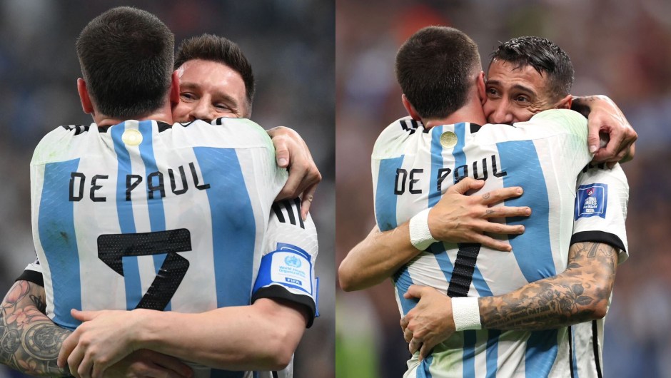 Los abrazos de Rodrigo De Paul: en cada anotación de Messi y Di María, el mediocampista fue a abrazar a sus compañeros. (Foto: imagen creada con fotos de Getty Images)