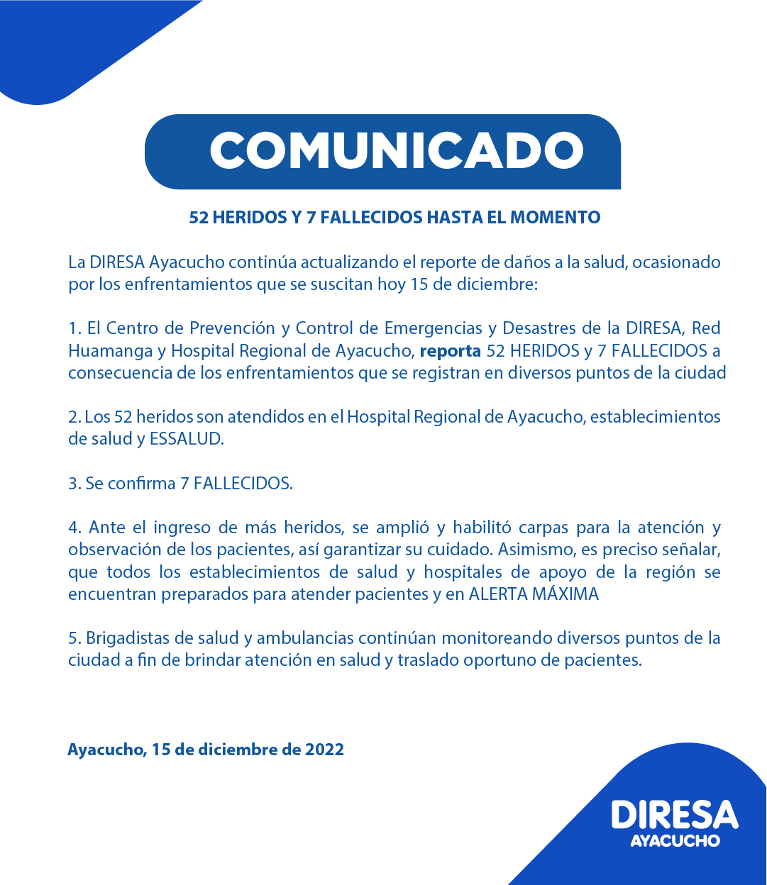 El comunicado de la Dirección de Salud Regional de Ayacucho. 