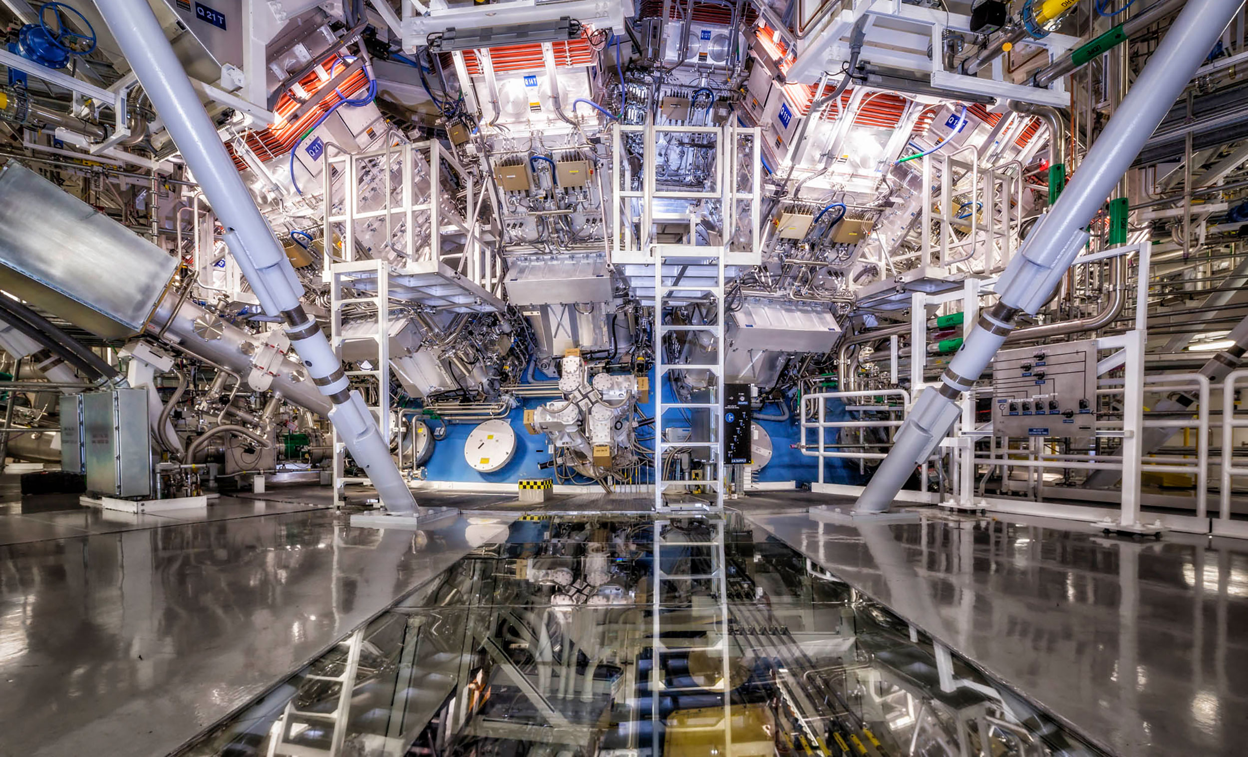 The target chamber at the National Ignition Facility at Lawrence Livermore National Laboratory in California is where the magic happens: temperatures of 100 million degrees and pressures intense enough to compress the target to a density 100 times that of lead.  (Damien Jemison/LLNL)