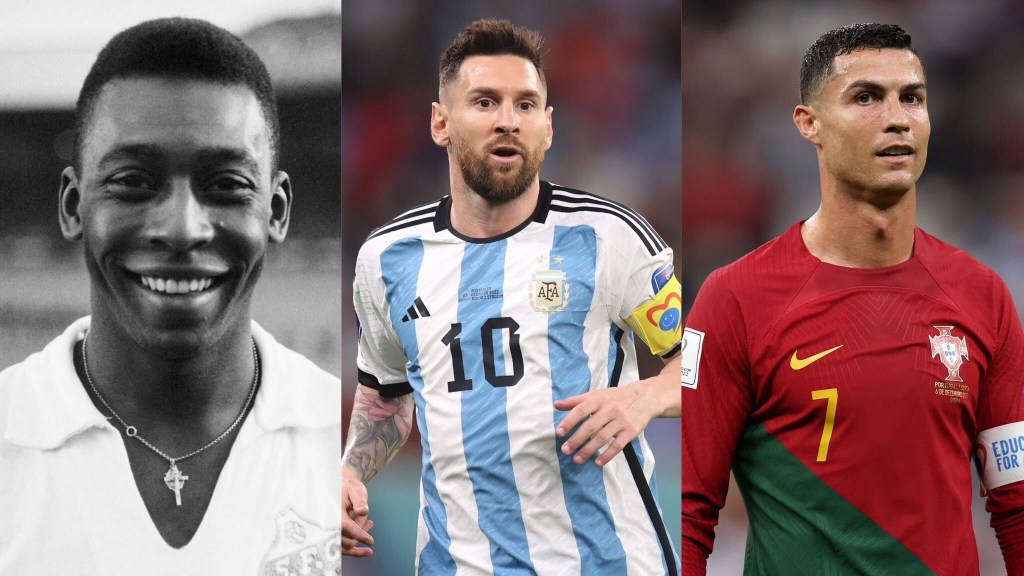 De izquierda a derecha, los jugadores Pelé, Lionel Messi y Cristiano Ronaldo. (Crédito: imagen creada con fotos de Getty Images)