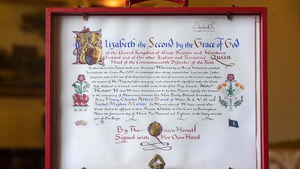 El consentimiento firmado de la reina Isabel II a la boda. (Crédito: Victoria Jones/AFP/Getty Images)