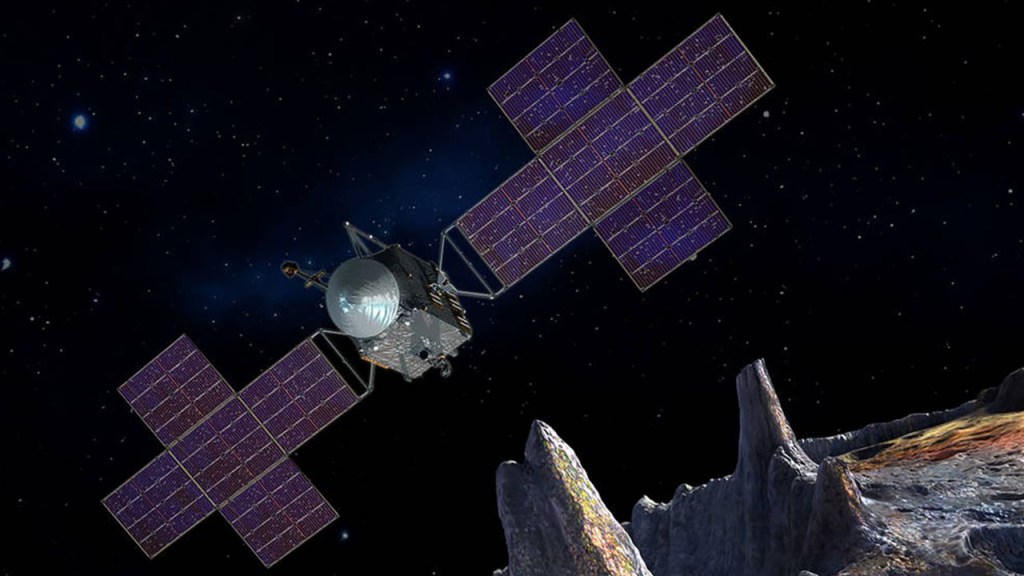 Esta ilustración muestra la nave espacial Psyche volando junto a su asteroide homónimo. (Crédito: NASA/JPL-Caltech/Arizona State Univ./Space Systems Loral/Peter Rubin)
