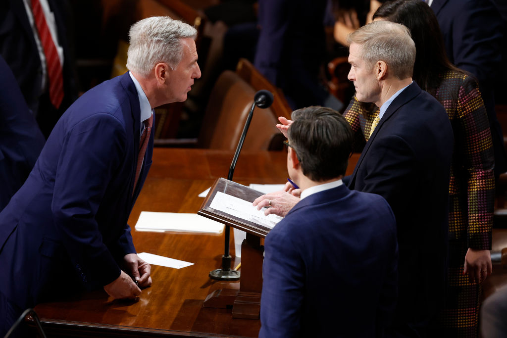 Kevin Mccarthy, Both Republicans, Talks With Jim Jordan Amid Votes To Define Who Will Be The Next Speaker Of The Us House Of Representatives On January 3, 2023.  (Credit: Chip Somodevilla / Getty Images)