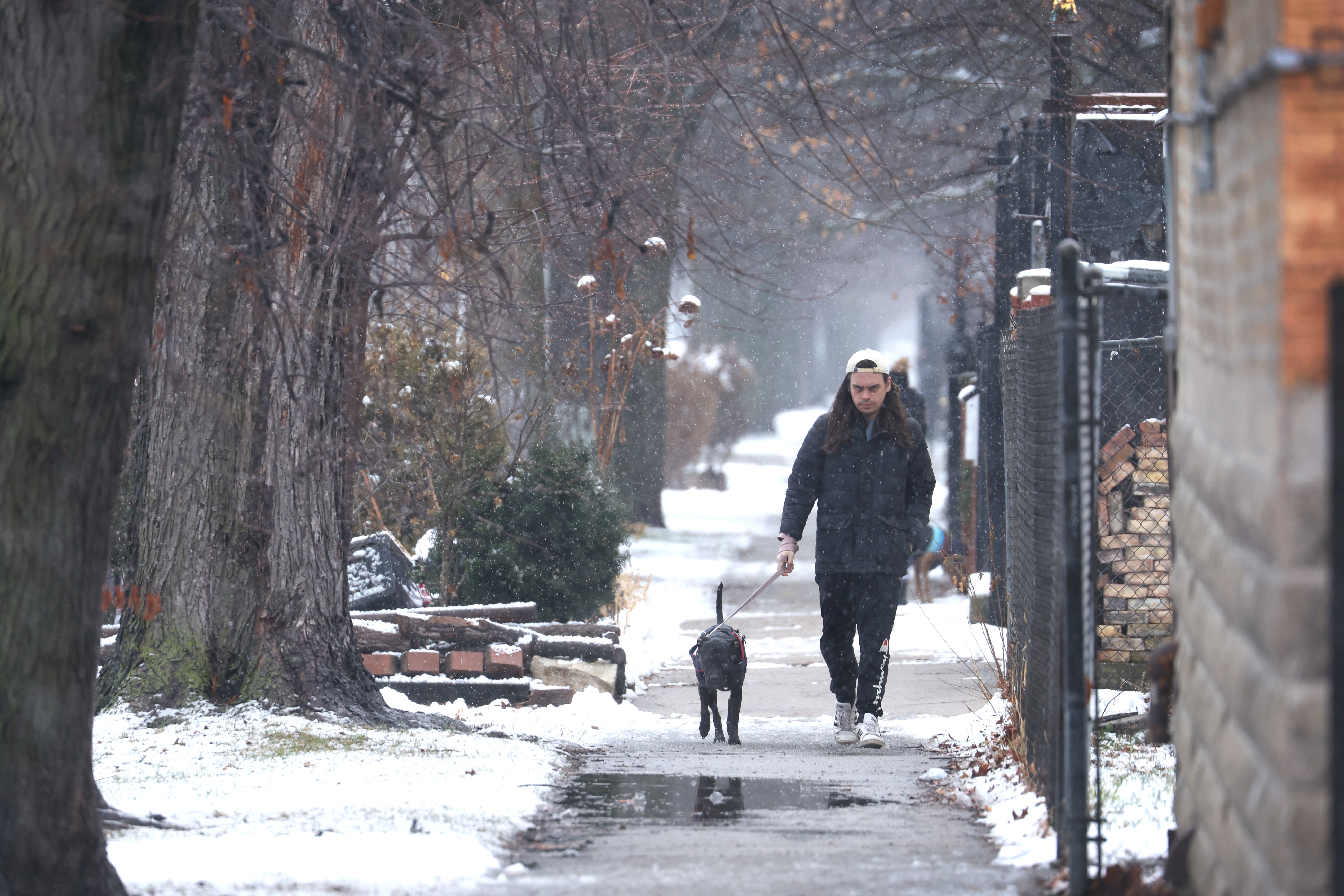 A man walks his dog in Humboldt Park, Chicago, Illinois on January 25, 2023. (Credit: Scott Olson/Getty Images)