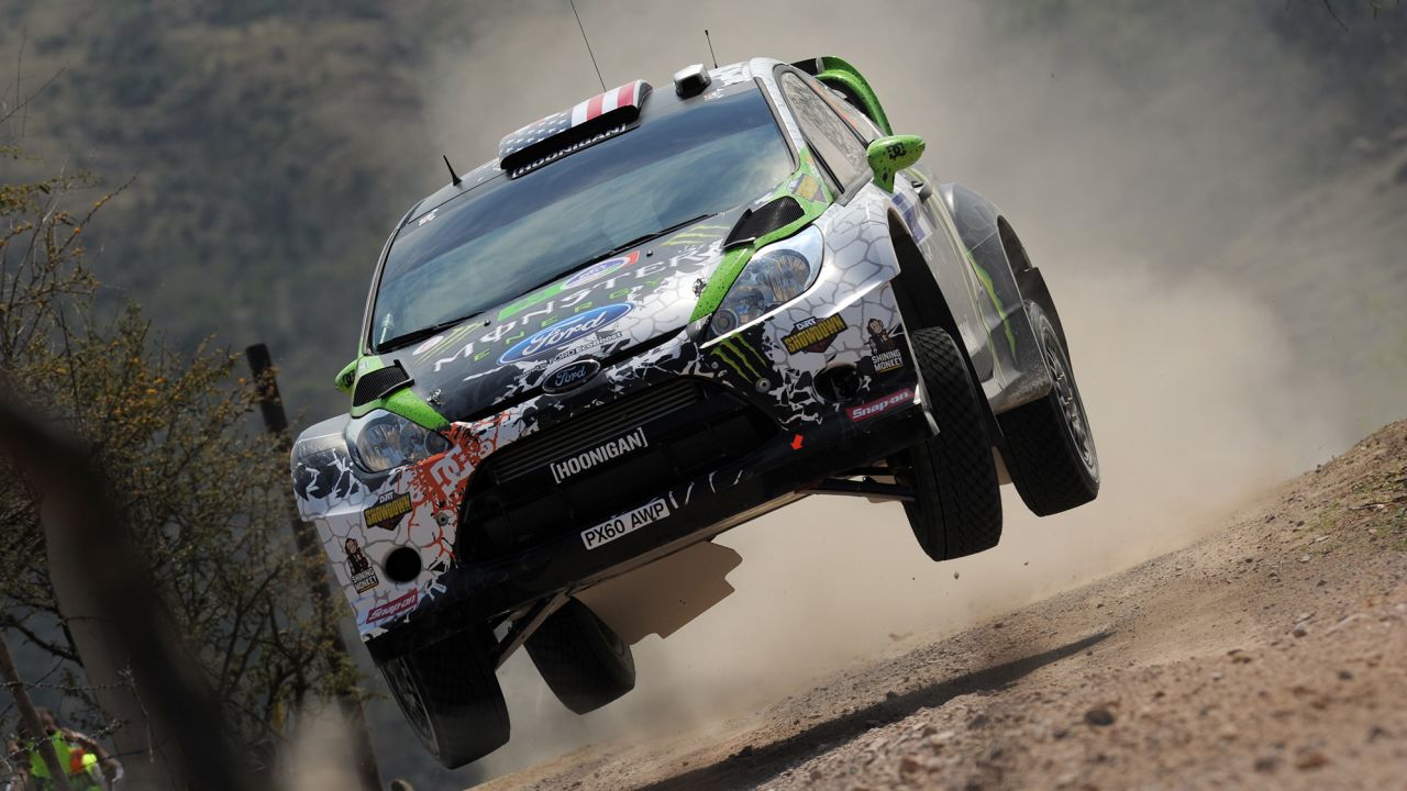 Ken Block and Alex Gelsomino competing in the WRC Rally Mexico in 2012.