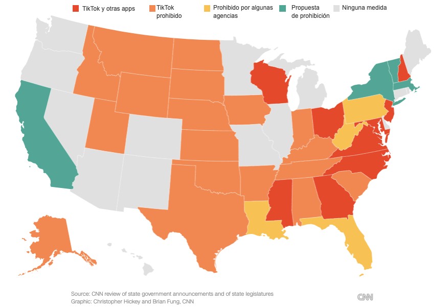 TikTok Banned From Government Devices In More Than Half Of US States   Tiktok Mapa Prohibicion 