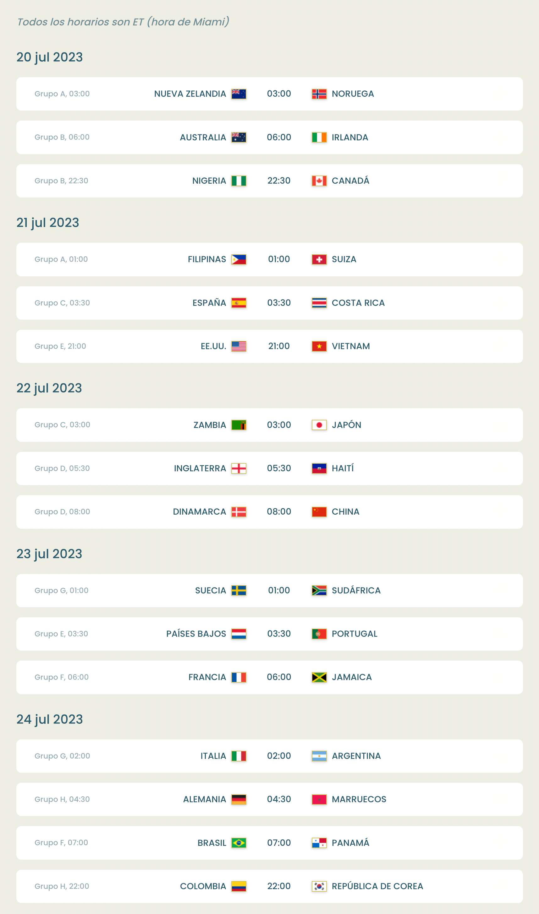 Calendario copa del mundo femenino