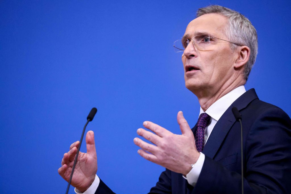 El secretario general de la OTAN, Jens Stoltenberg, en conferencia de prensa este 15 de febrero de 2023. (Crédito: KENZO TRIBOUILLARD/AFP vía Getty Images)