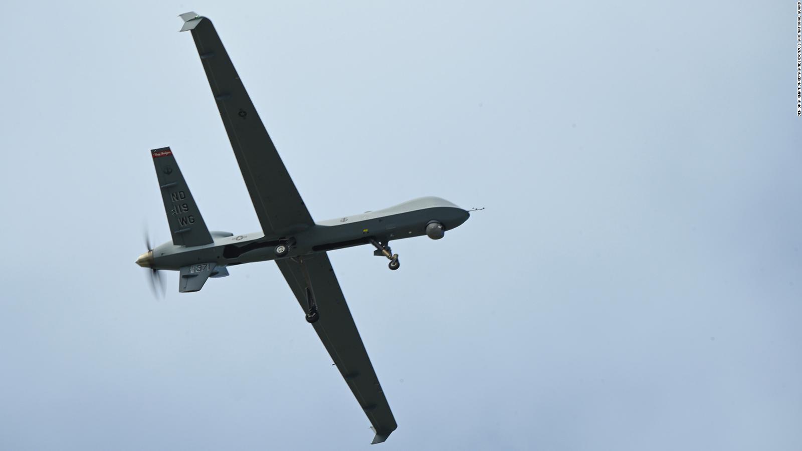 A Russian warplane shoots down a US drone, causing it to crash into the Black Sea