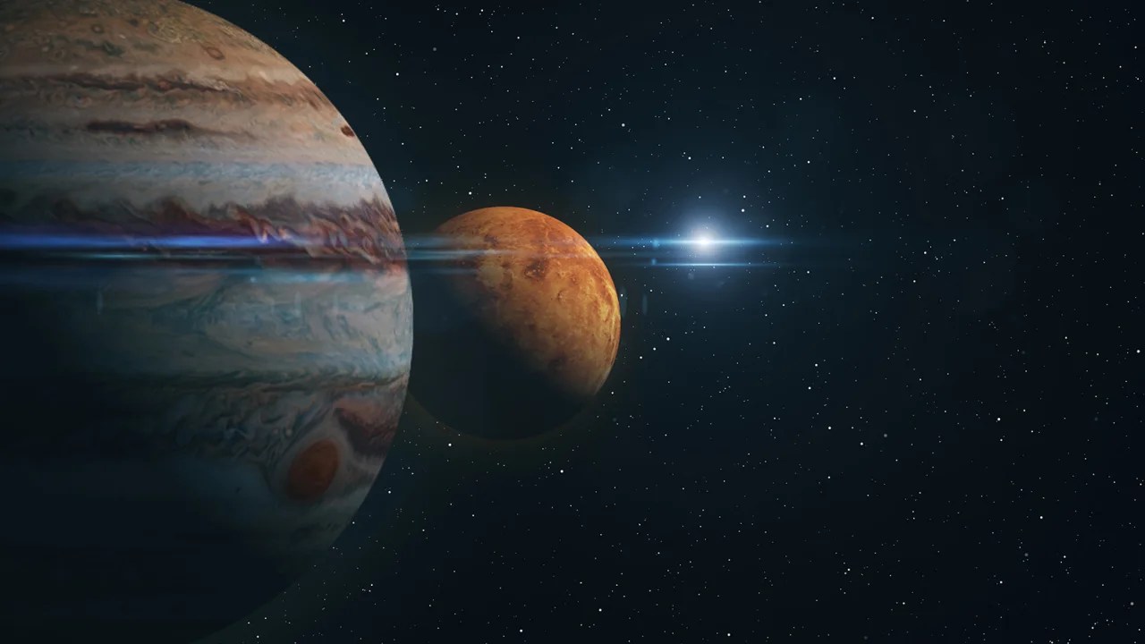 En la reproducción de un artista se ve Júpiter y Venus excepcionalmente cerca. 