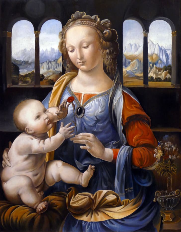 "La Virgen del Clavel", expuesta en la Alte Pinakothek de Múnich (Alemania), es uno de los primeros cuadros de Leonardo da Vinci. Las arrugas de la pintura al óleo son evidentes en los rostros. (Crédito: Universal Images Group/Getty Images)