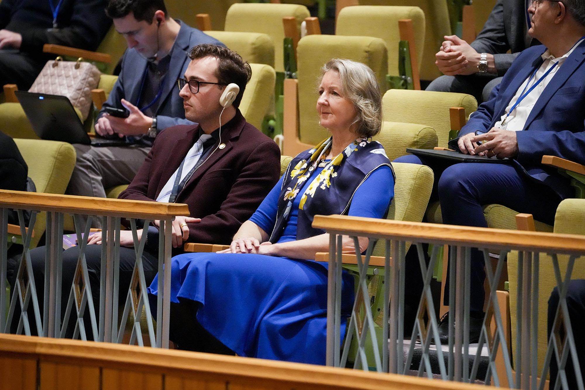 Elizabeth Whelan, hermana de Paul Whelan, se sienta en la tribuna durante una reunión del Consejo de Seguridad de la ONU mientras el Ministro de Relaciones Exteriores de Rusia, Sergey Lavrov, habla el 24 de abril de 2023 en la sede de las Naciones Unidas, Nueva York.  (Crédito: John Minchillo/AP) 